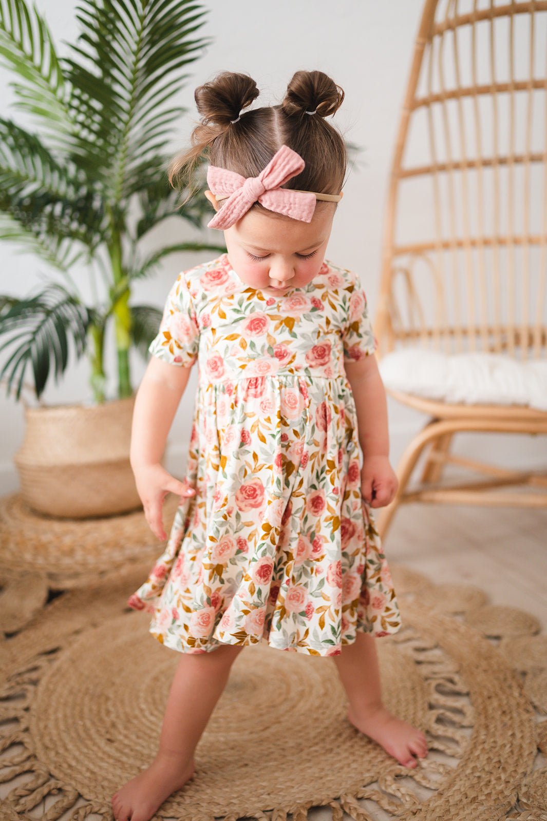 Short Sleeve Twirl Dress | Dusty Pink Floral - Harp Angel Boutique