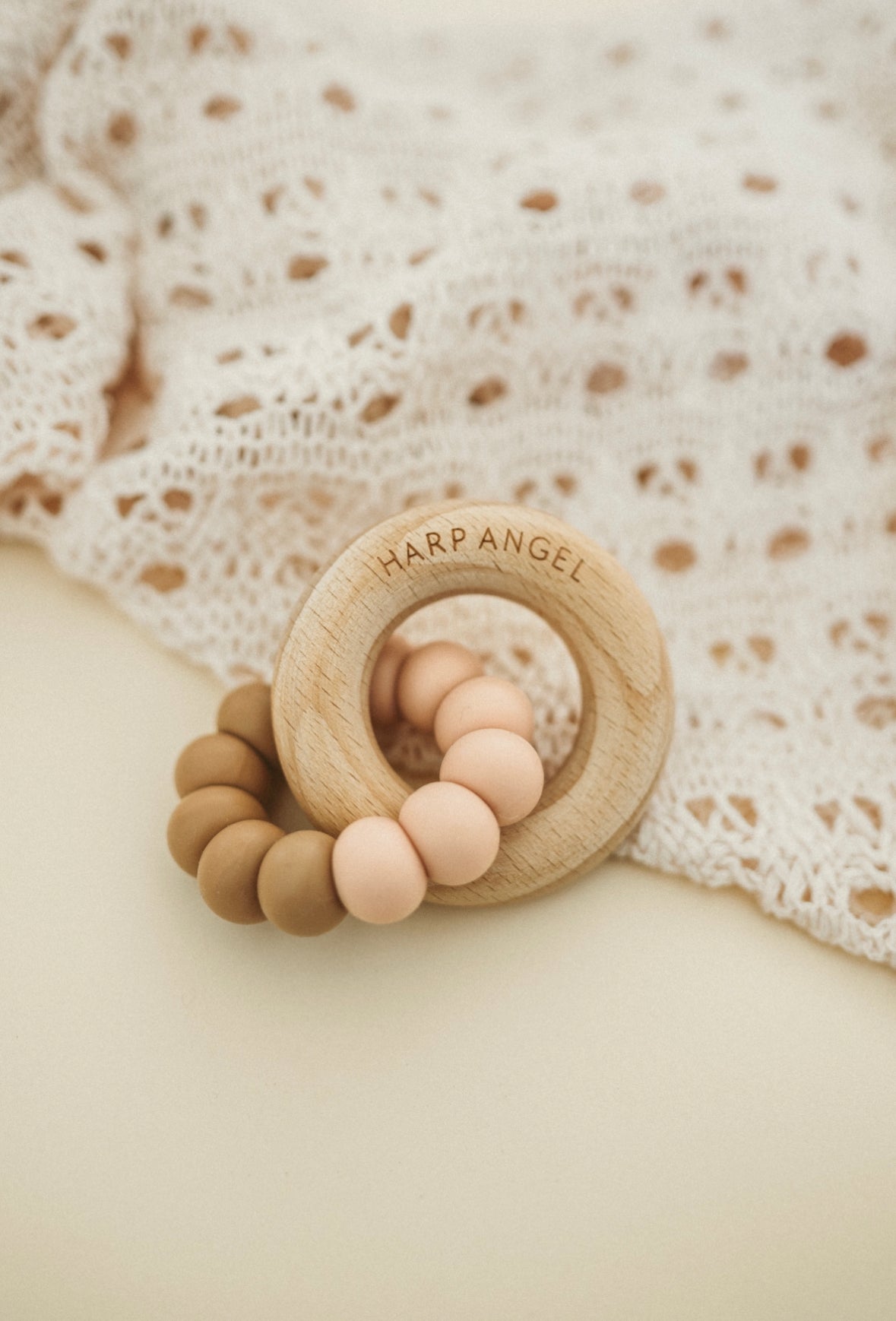 Silicone and Wood Teether Ring Camel Blush Harp Angel Boutique