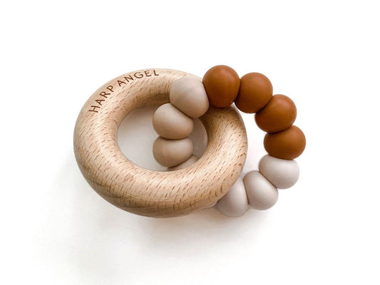 Silicone and Wood Teether Ring (Cappuccino Tan & Cream) - Harp Angel Boutique