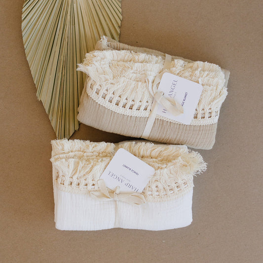 Tan Fringe Muslin Swaddle Blanket - Harp Angel Boutique